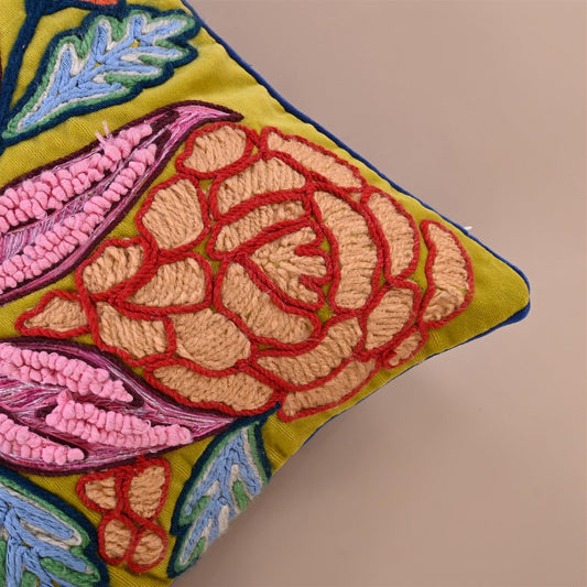 Bright floral embroidered cushion cover