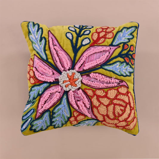 Bright floral embroidered cushion cover