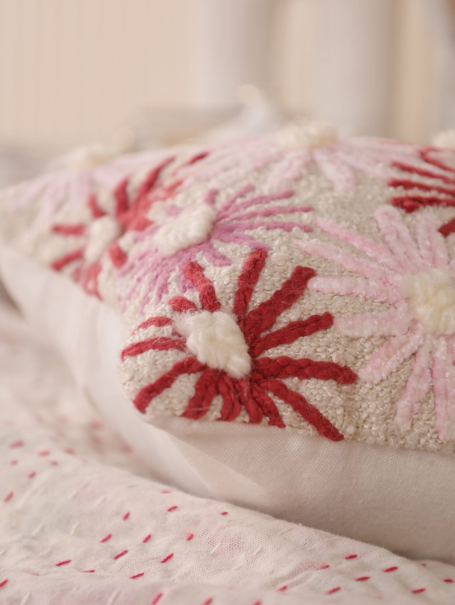 Red flower embordered cushion