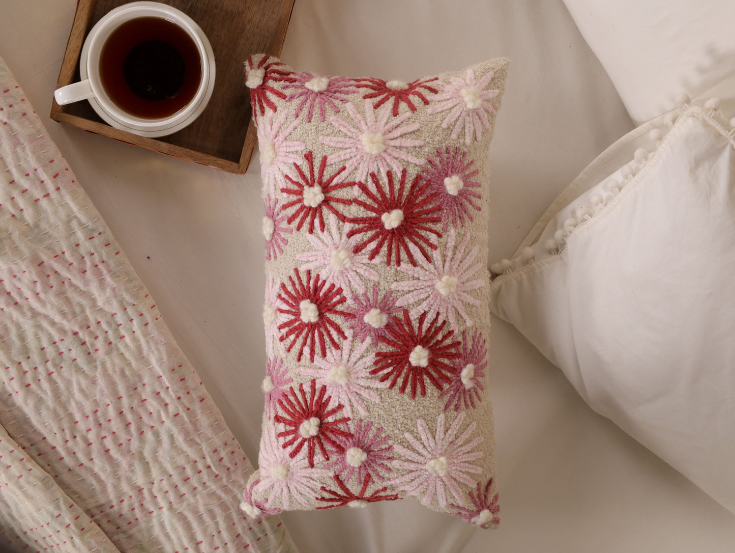 Red flower embordered cushion