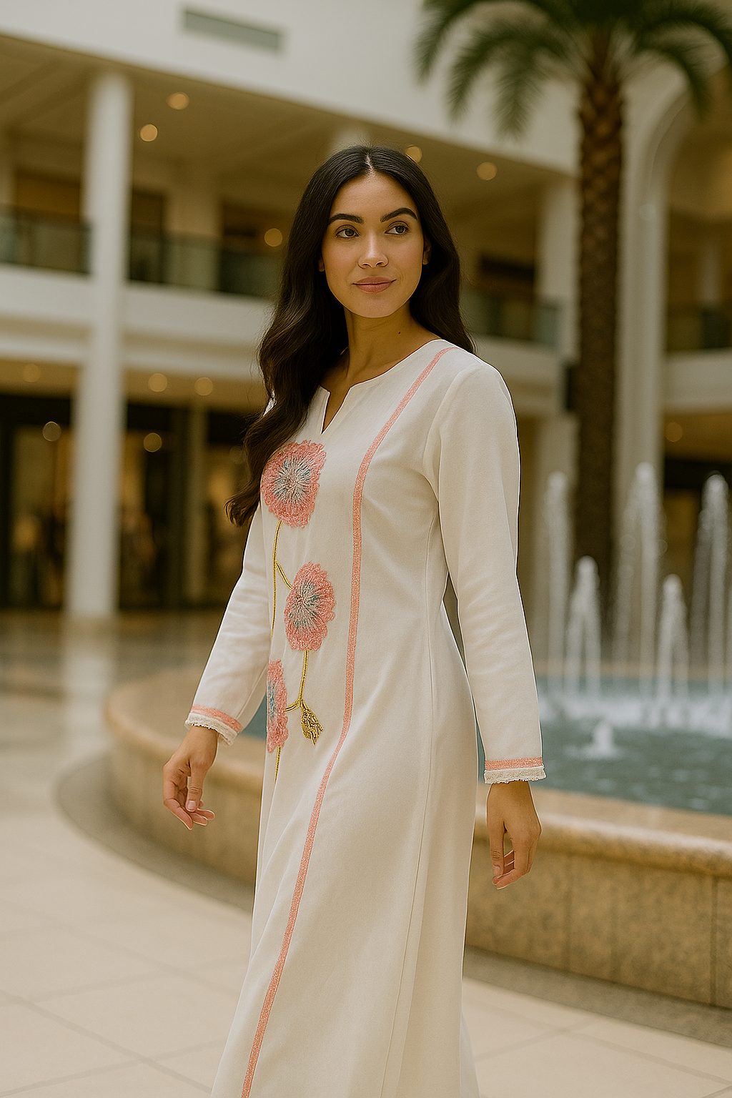 Beautiful White A-line Dress with intricate Pink Floral Embroidery