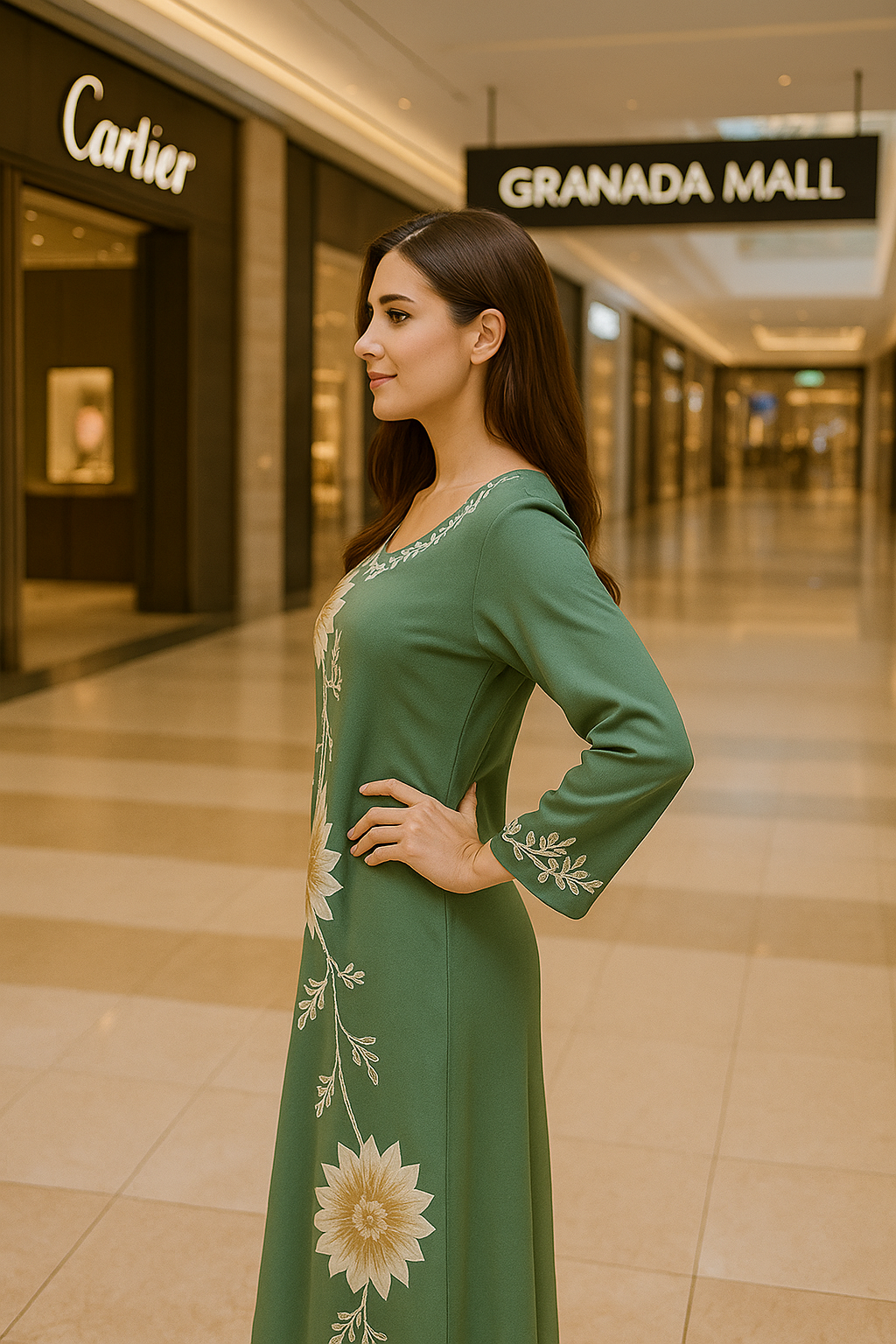 Green Floral Embroidered A-line Maxi Dress