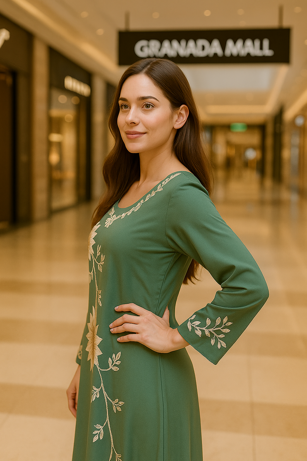 Green Floral Embroidered A-line Maxi Dress