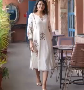 Beige Embroidered A-Line Dress