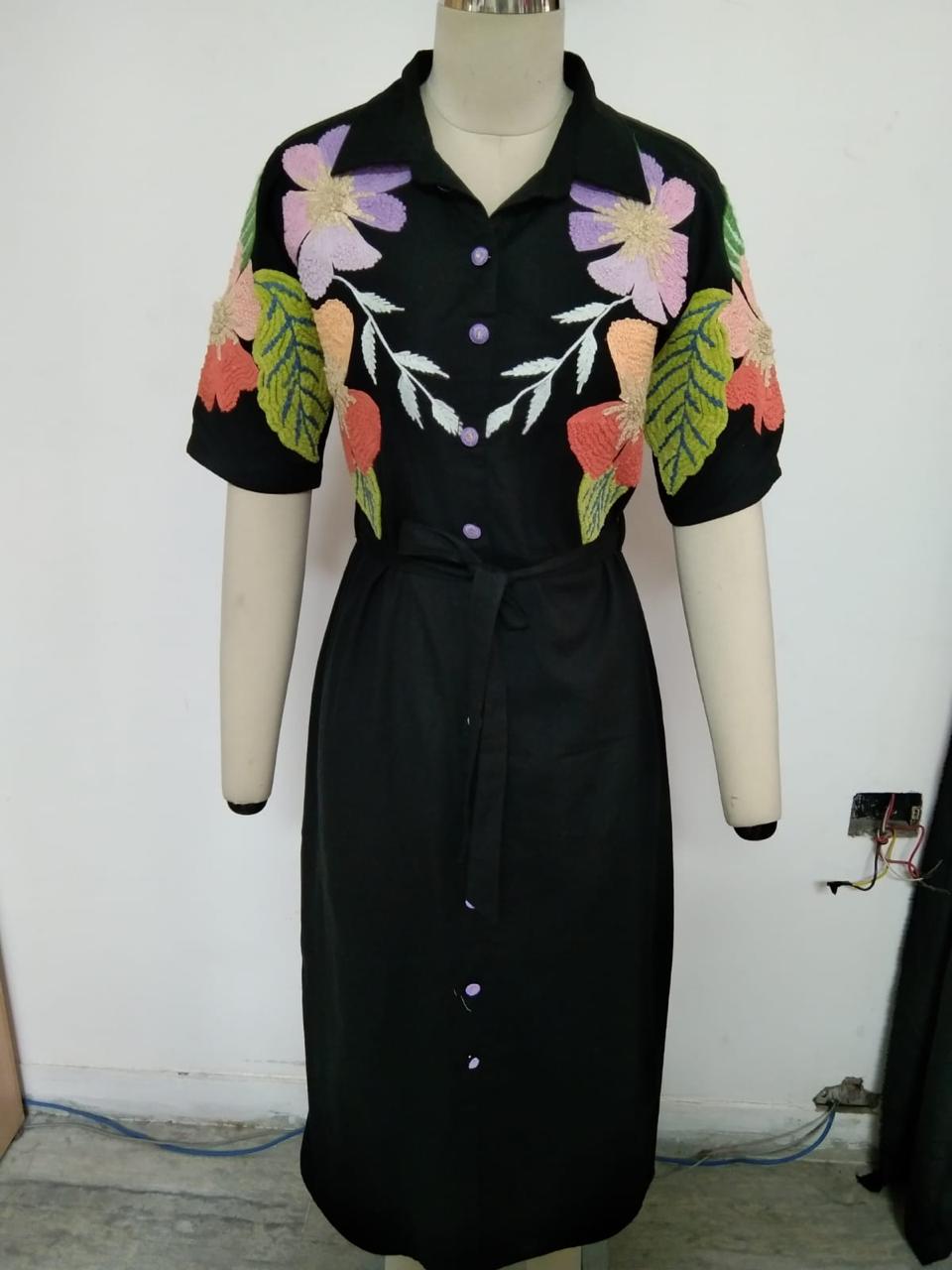 Black dress colourful embroidery with tie up belt