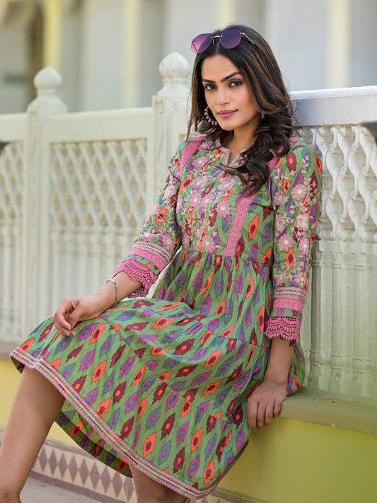 Embroidered with Earthy textures Mini Dress with 3/4 Cap Sleeves