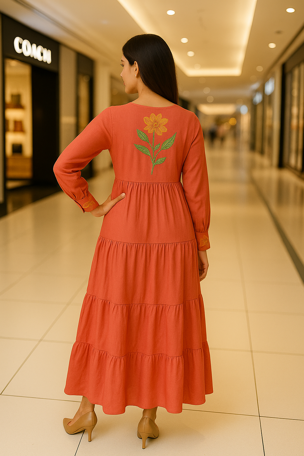 Beautiful Embroidered Tiered Full sleeve Maxi Dress