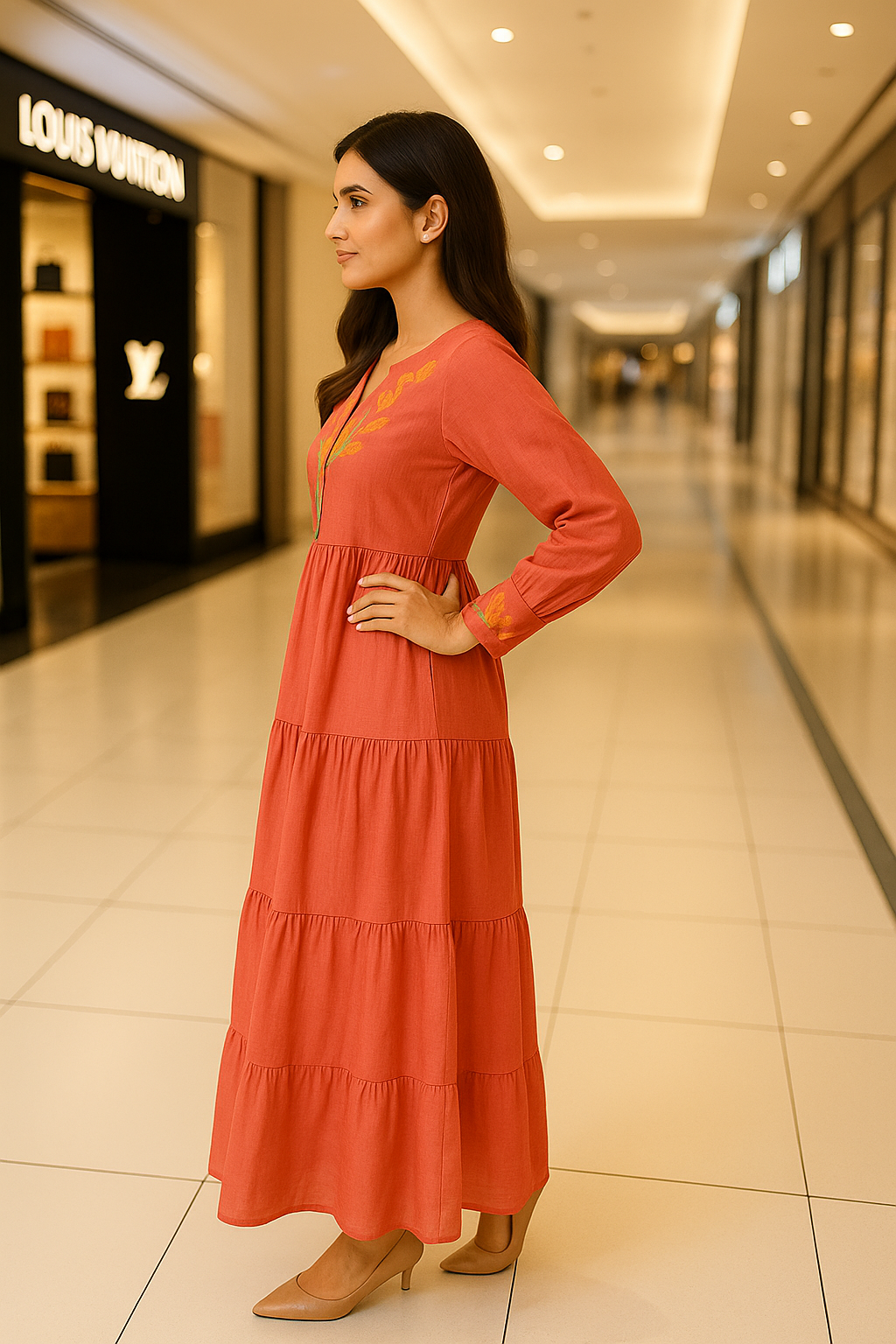 Beautiful Embroidered Tiered Full sleeve Maxi Dress
