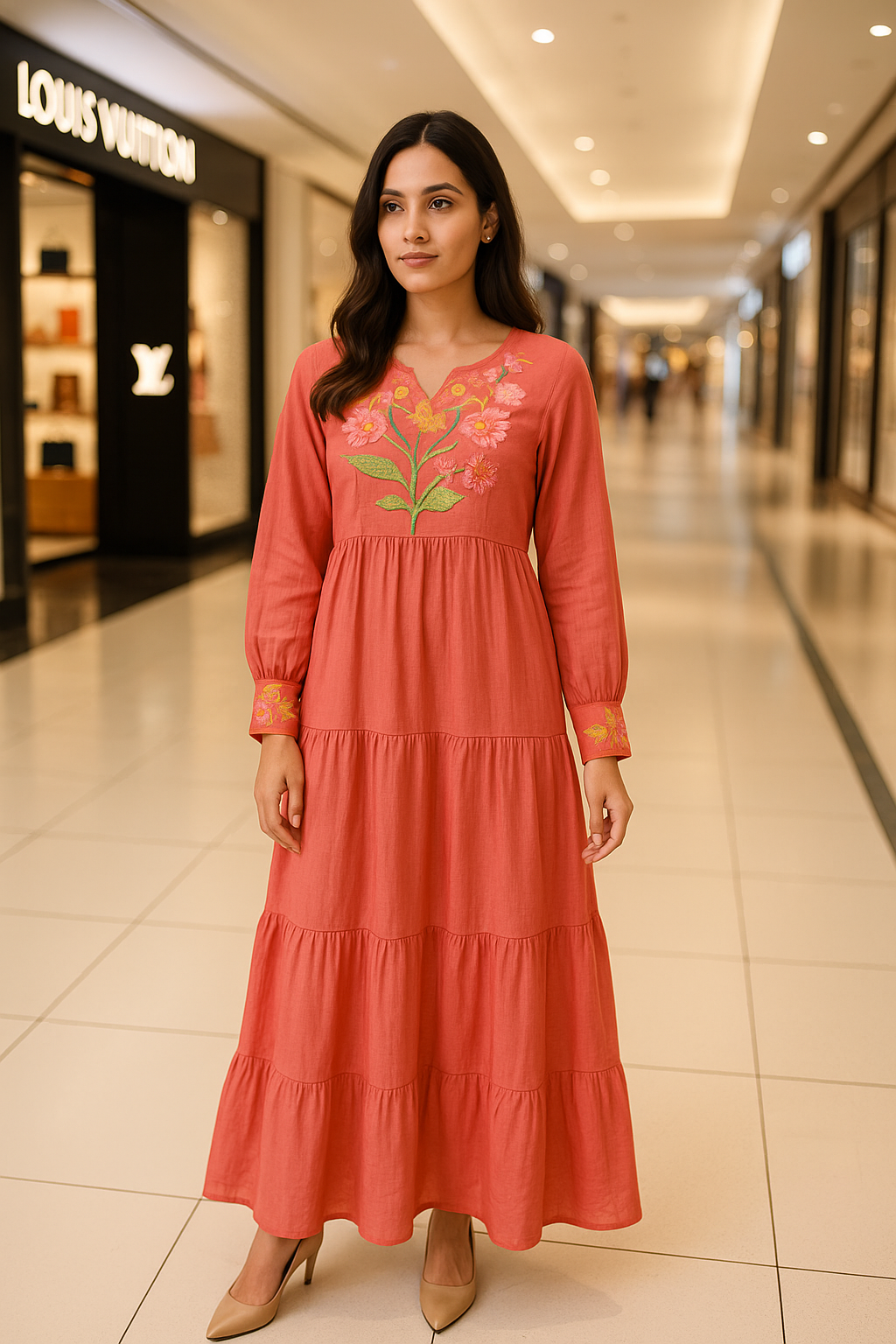 Beautiful Embroidered Tiered Full sleeve Maxi Dress