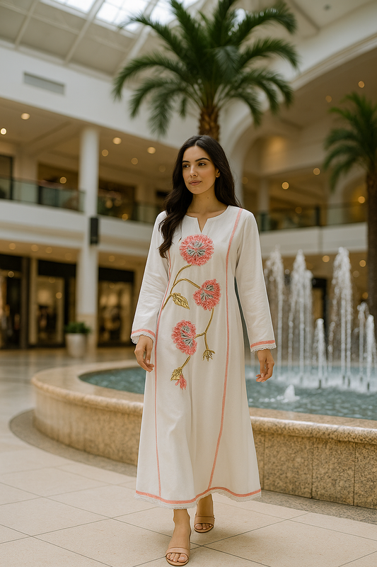 Beautiful White A-line Dress with intricate Pink Floral Embroidery