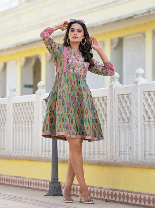 Embroidered with Earthy textures Mini Dress with 3/4 Cap Sleeves