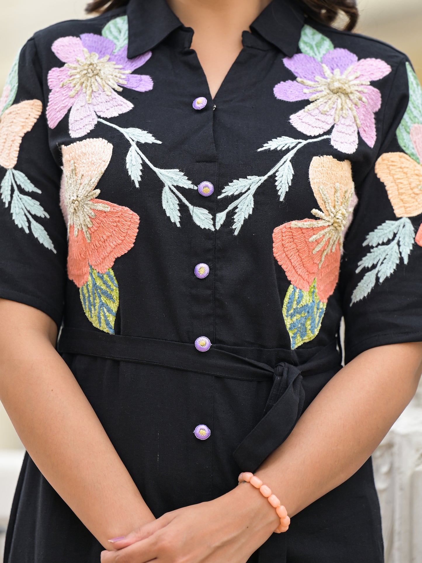 Black dress colourful embroidery with tie up belt