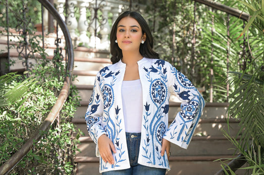 BOHO STYLE BLUE EMBROIDERED WHITE JACKET