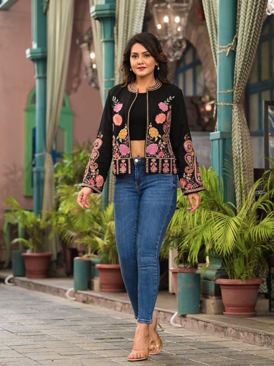 BLACK FLORAL EMBROIDERED JACKET