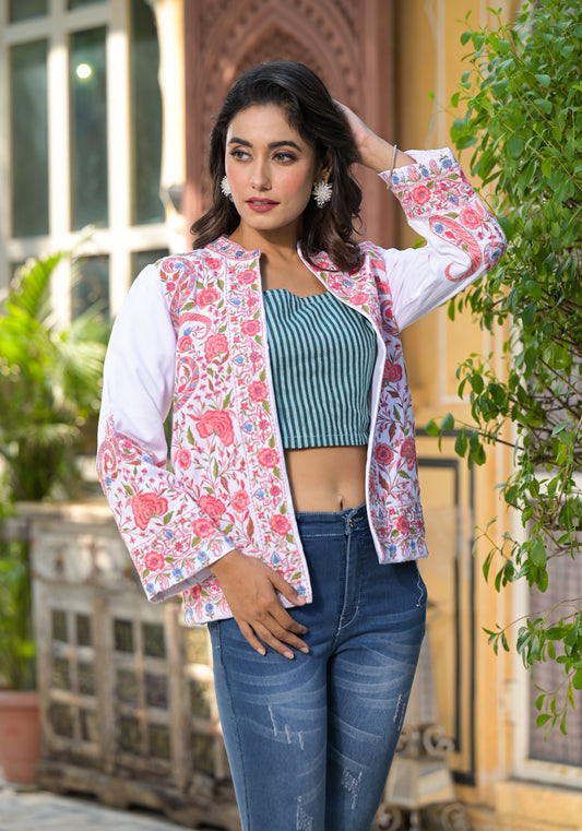 CHICK PINK EMBROIDERED WHITE JACKET