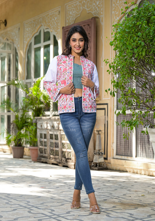 CHICK PINK EMBROIDERED WHITE JACKET