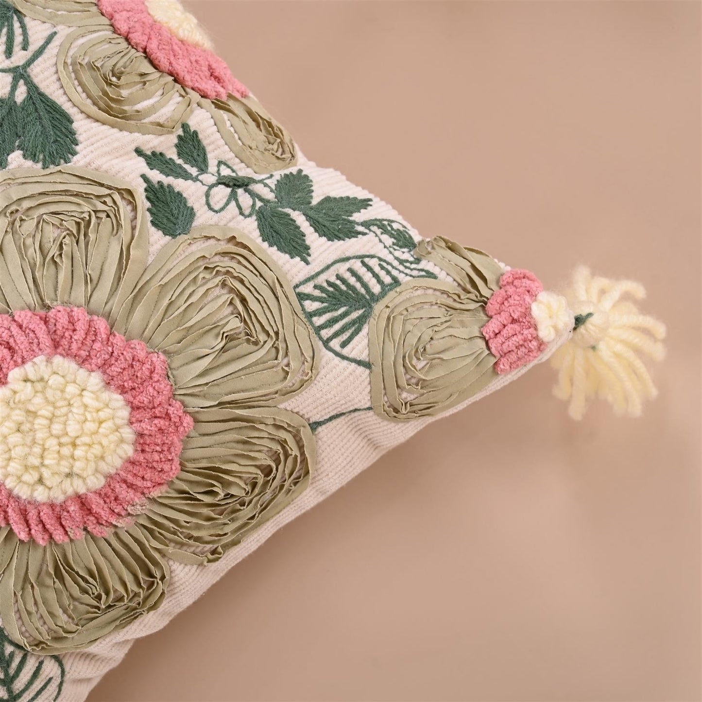 Green embroidered cushion cover