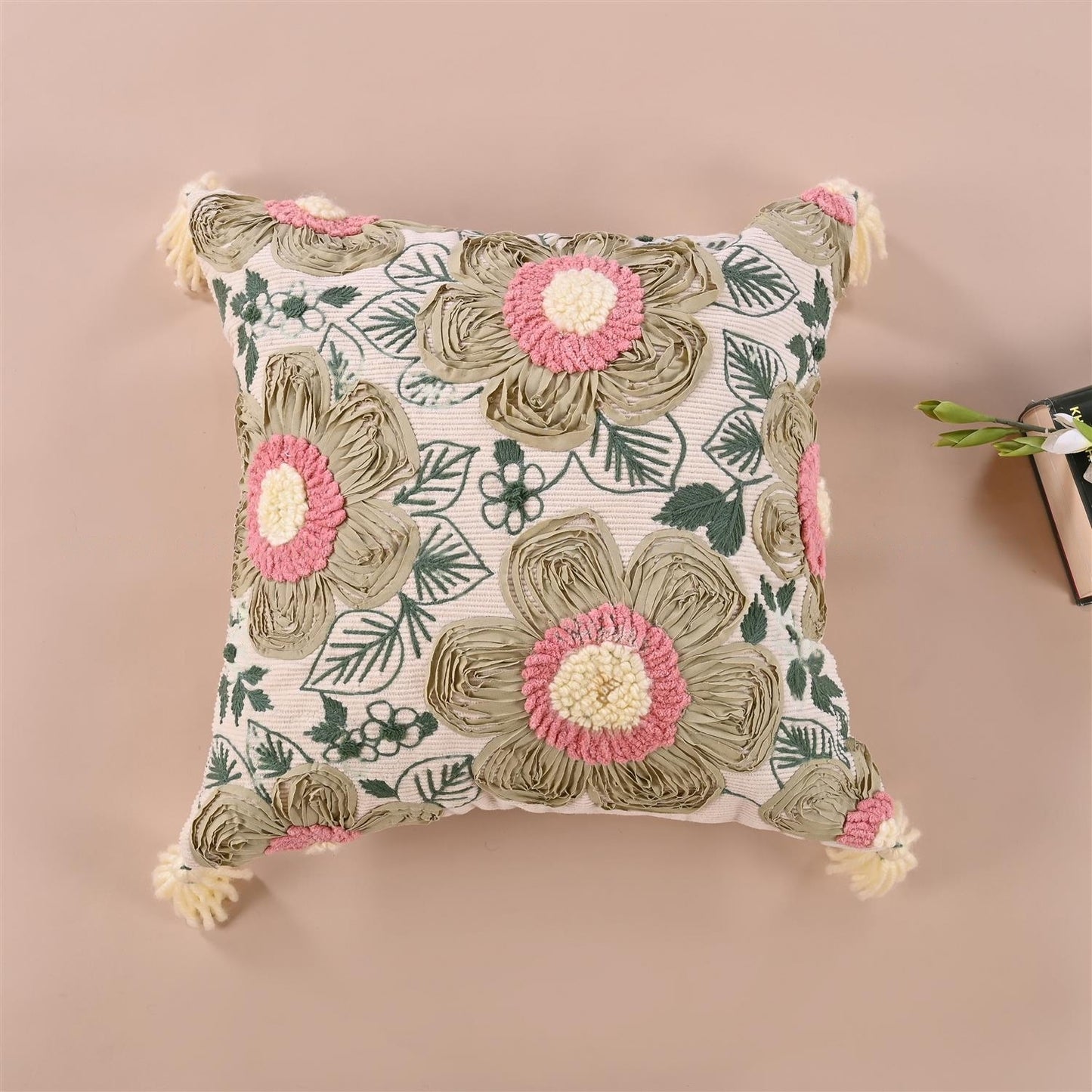 Green embroidered cushion cover