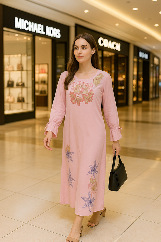 Beautiful Pink A-Line Dress with Embroidered floral Design