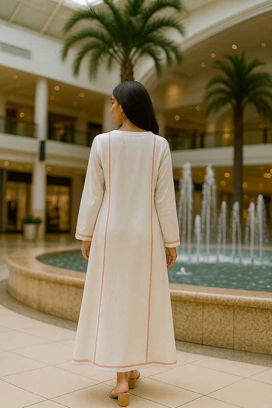 Beautiful White A-line Dress with intricate Pink Floral Embroidery