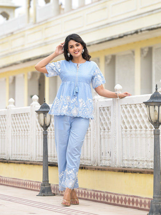 Blue Embroidered Co-ord Set