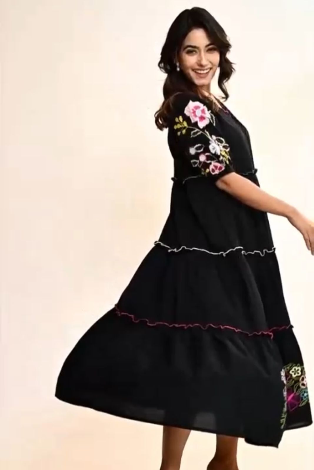 Black Boho Long Dress With Floral Embroidery Dress