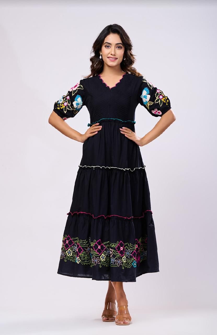 Black Boho Long Dress With Floral Embroidery Dress