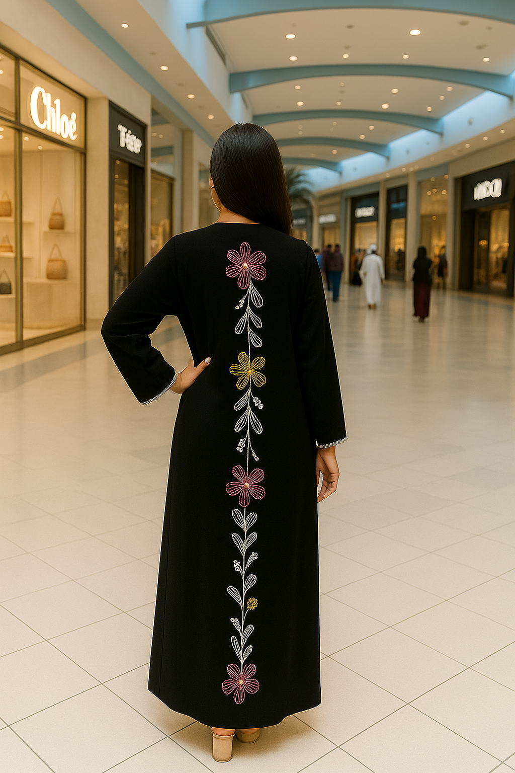 Black floral embordered A-Line closed neckline dress