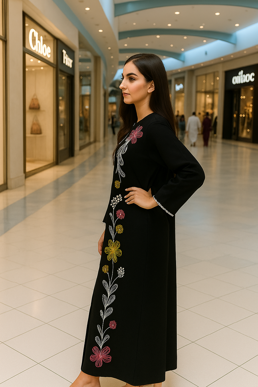 Black floral embordered A-Line closed neckline dress