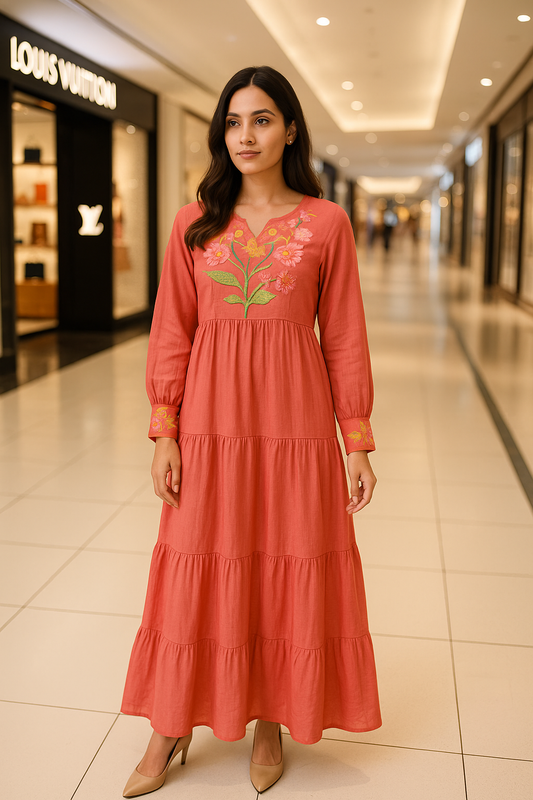 Beautiful Embroidered Tiered Full sleeve Maxi Dress