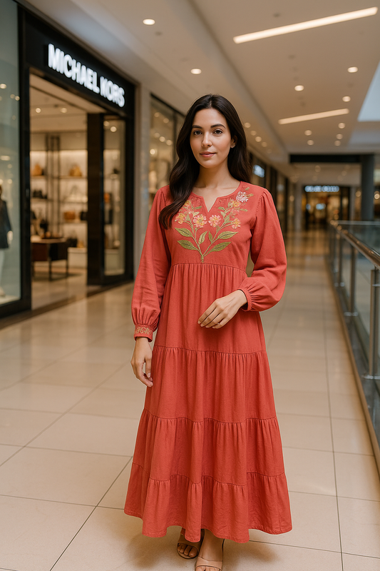 Beautiful Embroidered Tiered Full sleeve Maxi Dress