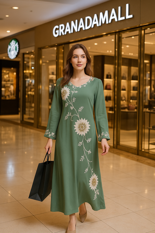 Green Floral Embroidered A-line Maxi Dress