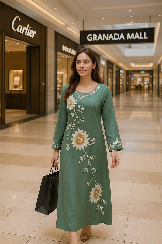 Green Floral Embroidered A-line Maxi Dress