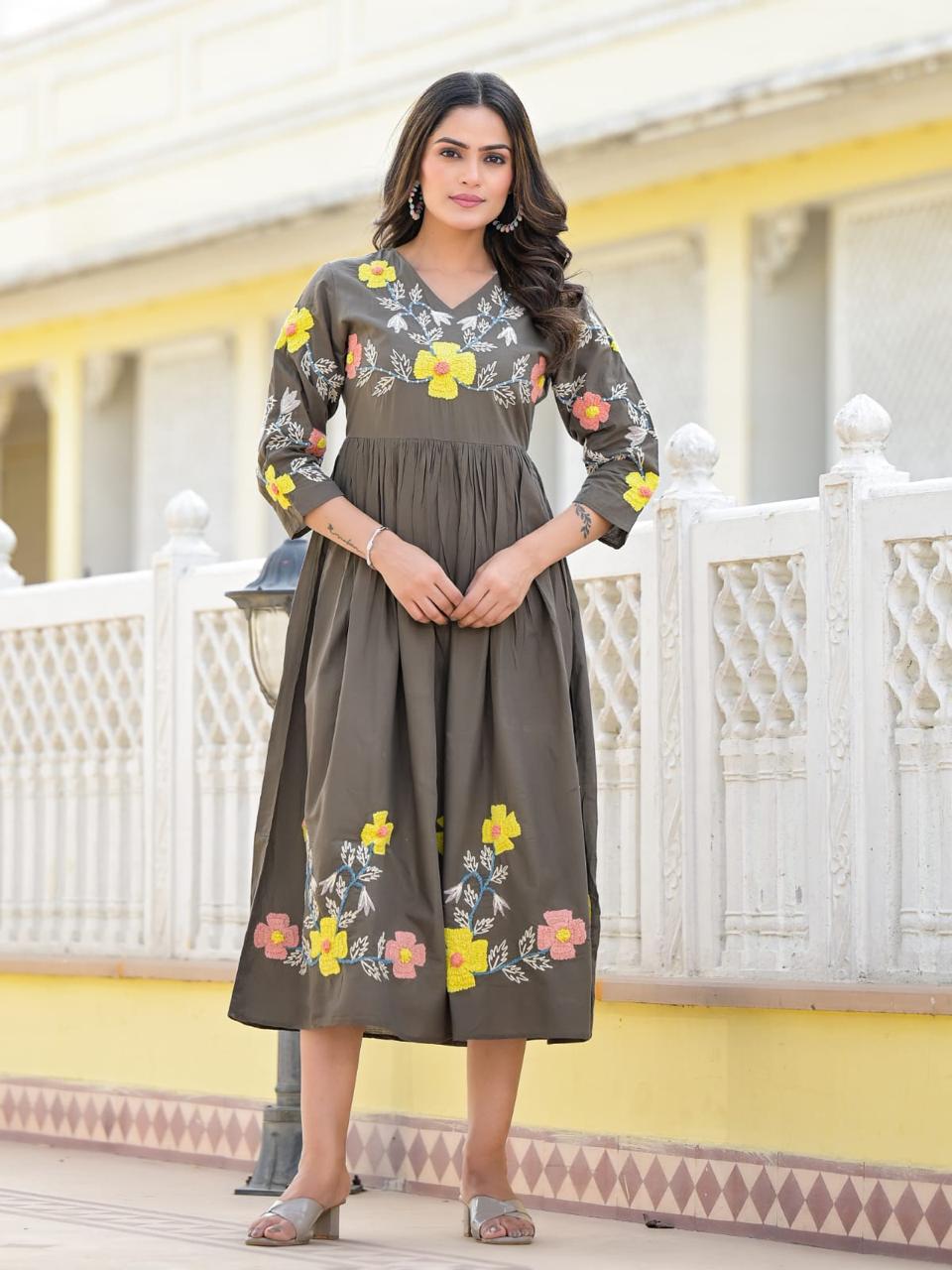 Women khaki floral embroiderd dress