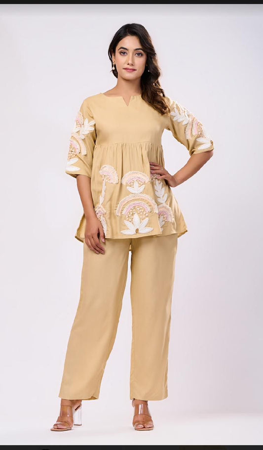 Beige Embroidered Cotton Co-ord Set