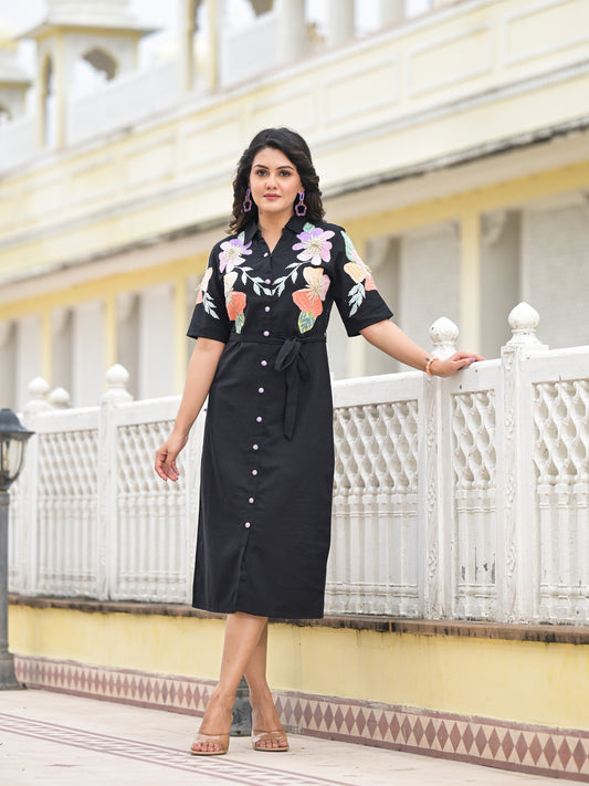 Black dress colourful embroidery with tie up belt