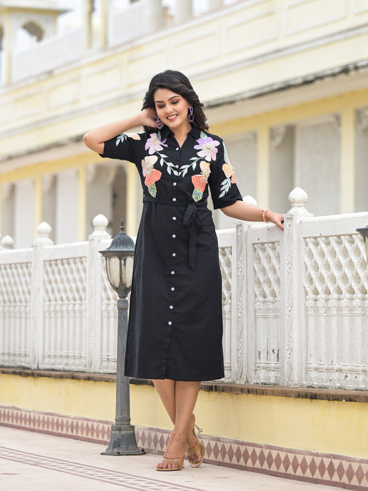 Black dress colourful embroidery with tie up belt