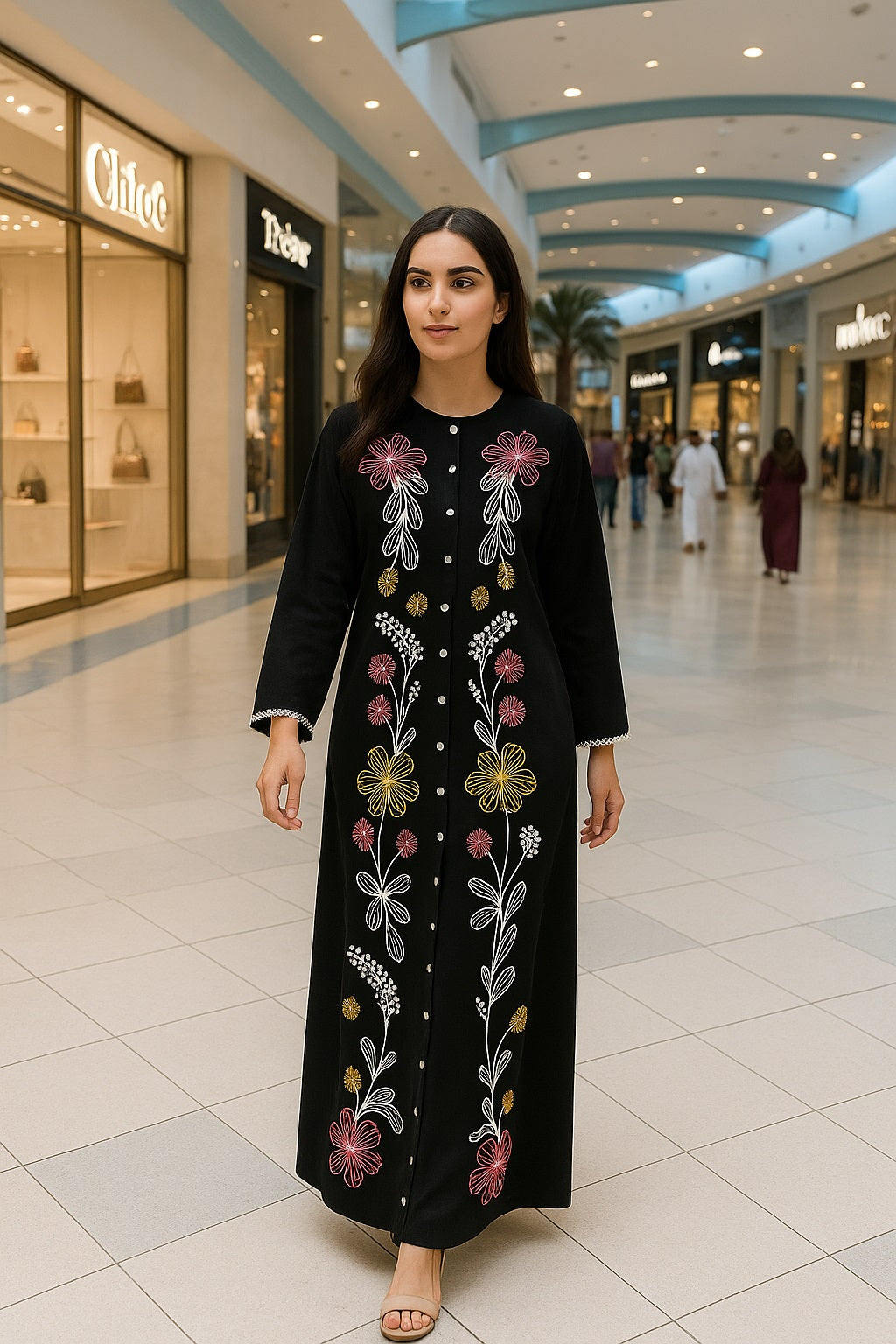 Black floral embordered A-Line closed neckline dress